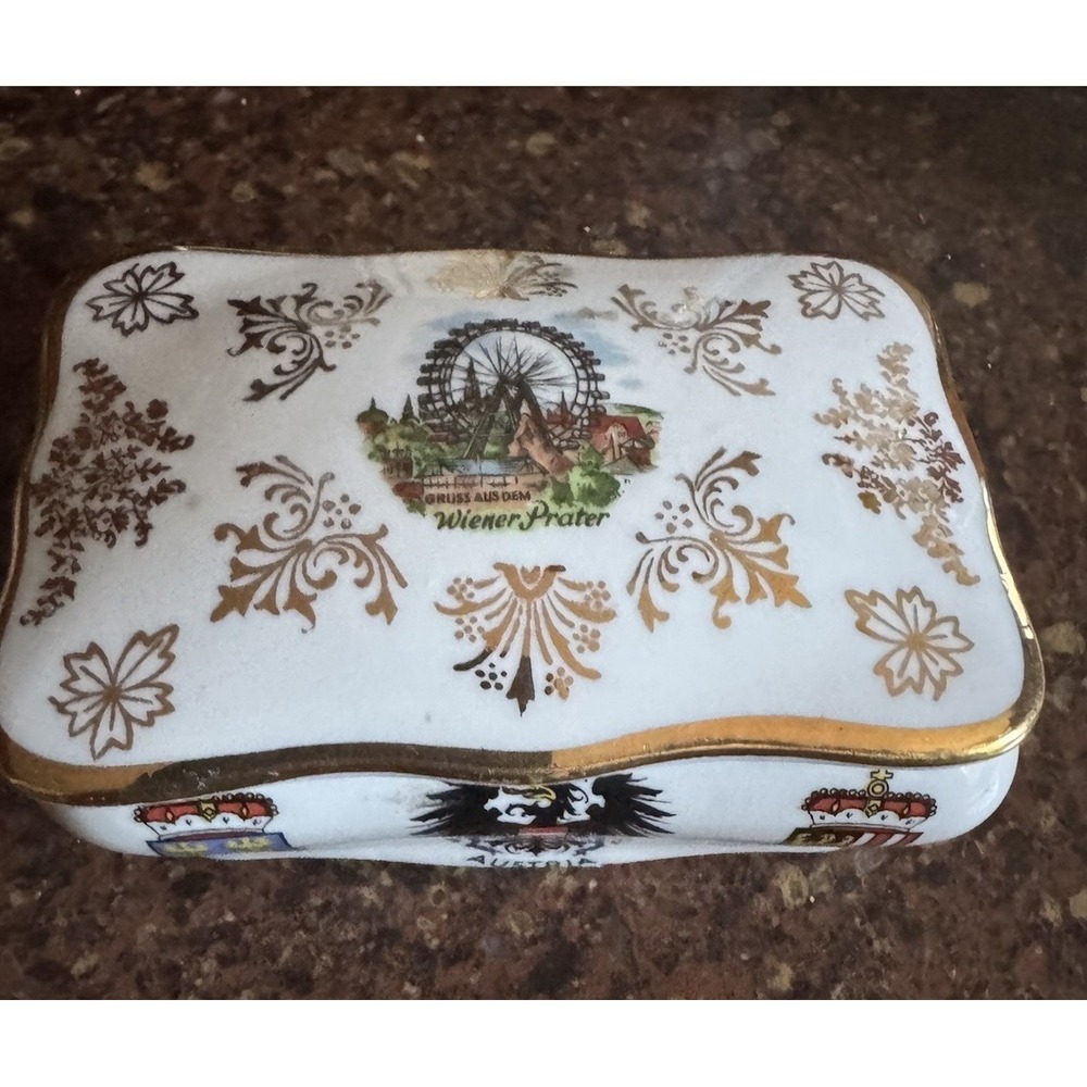 Vintage Austria Porcelain Trinket Box Gold Gilt Wiener Prater Souvenir Decor